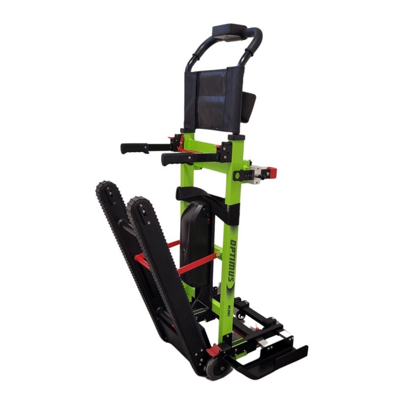 Schodolez OPTIMUS HLD02, zadní pohled, detail pásů pro bezpečný sestup a výstup, stabilní konstrukce pro snadný pohyb po schodech