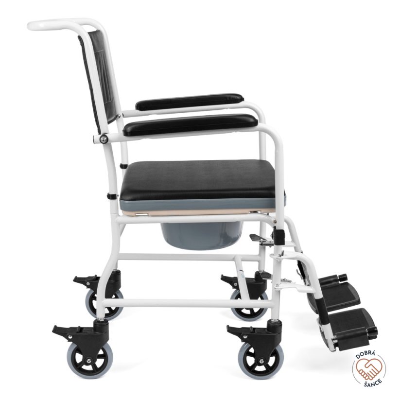 Boční pohled na Toaletní křeslo pojízdné TRANSPORT-TIM, ergonomický design, stabilní podnožky a sklopné područky
