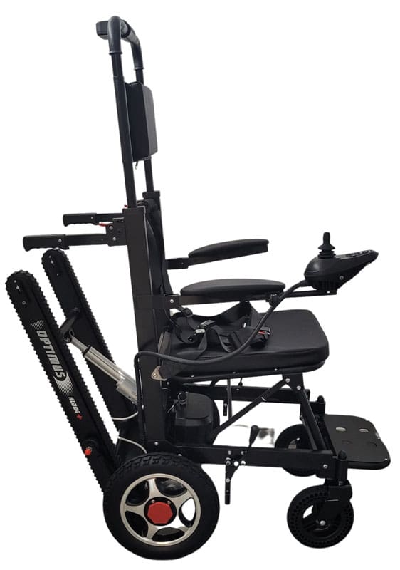 Pásový Schodolez a Elektrický Vozík 3v1 Optimus HLD04, boční pohled, pásy a joystick pro ovládání elektrického vozíku
