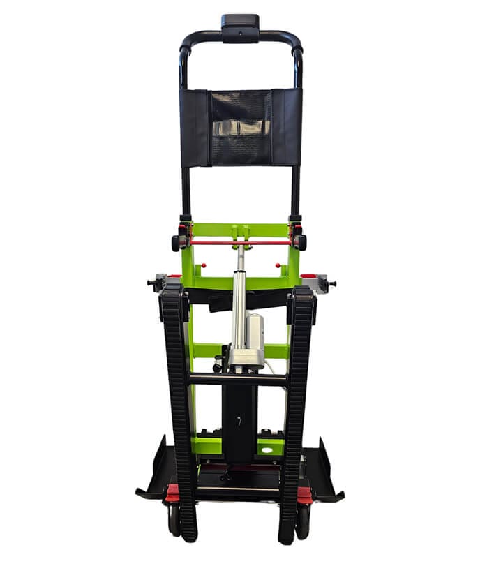 Schodolez OPTIMUS HLD02+, zadní pohled, detail pásů pro bezpečný sestup a výstup po schodech, stabilní konstrukce