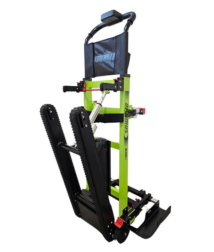 Schodolez OPTIMUS HLD02+, zadní pohled, detail pásů pro bezpečný sestup a výstup po schodech, stabilní konstrukce