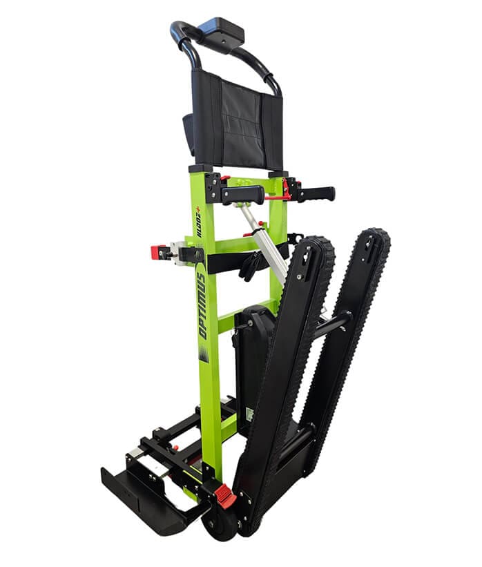 Schodolez OPTIMUS HLD02+, zadní pohled, detail pásů pro bezpečný sestup a výstup po schodech, stabilní konstrukce
