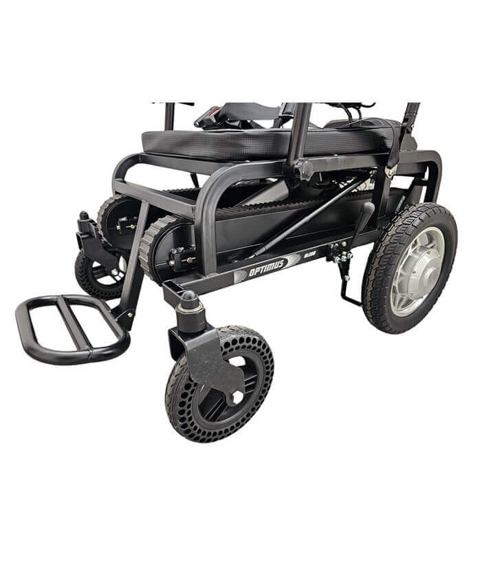 Detail koleček a opěrky na nohy z druhé strany Pásového Schodolezu a Elektrického Vozíku 2v1 Optimus HLD06, bezpečný transport