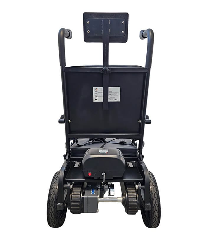 Pásový Schodolez Optimus HLD05, pohled zezadu, ergonomická rukojeť, transportní systém pro bezpečný pohyb po schodech