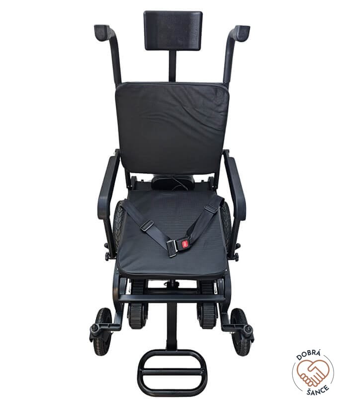 Pásový Schodolez Optimus HLD05, pohled shora zepředu, ergonomická rukojeť a přístup k ovládání, bezpečnostní prvky pro stabilní jízdu