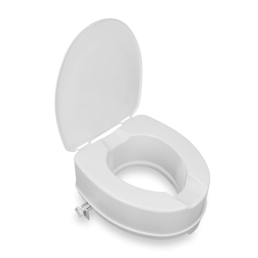 Nástavec na WC s poklopem, výška 15 cm, ergonomické zvýšené sedátko pro osoby se sníženou pohyblivostí, otevřené víko pro hygienu