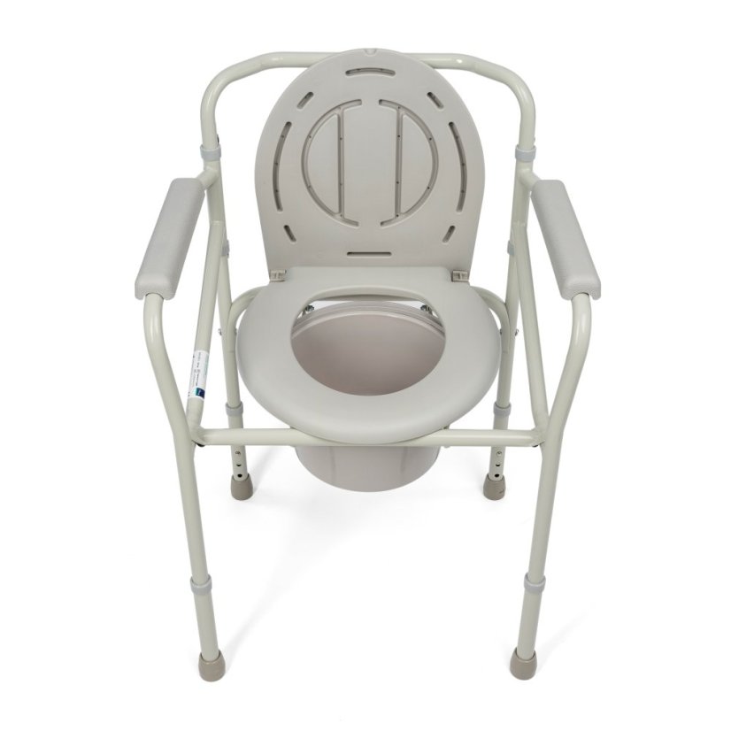 Skládací WC židle, pohled shora s otevřeným poklopem, ergonomické sedátko s toaletní nádobou, pro osoby s omezenou pohyblivostí