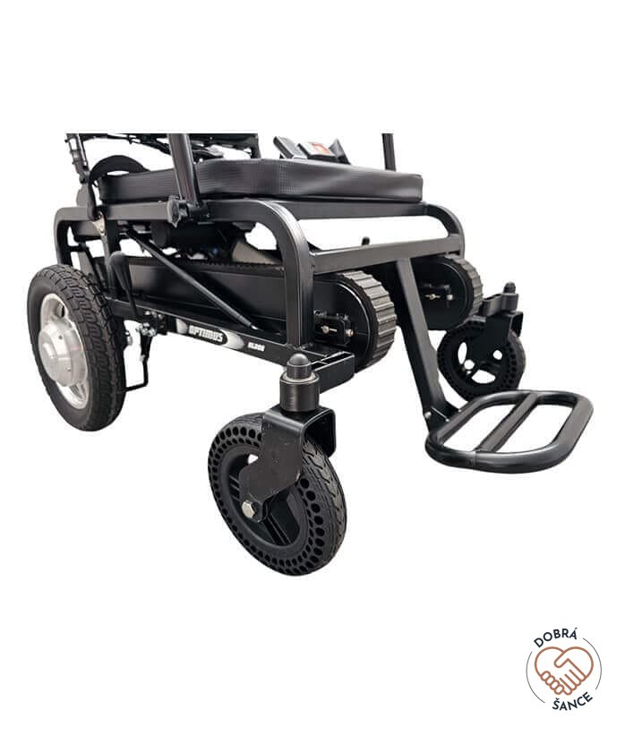 Detail předních a zadních kol s opěrkou na nohy Pásového Schodolezu a Elektrického Vozíku 2v1 Optimus HLD06, stabilita