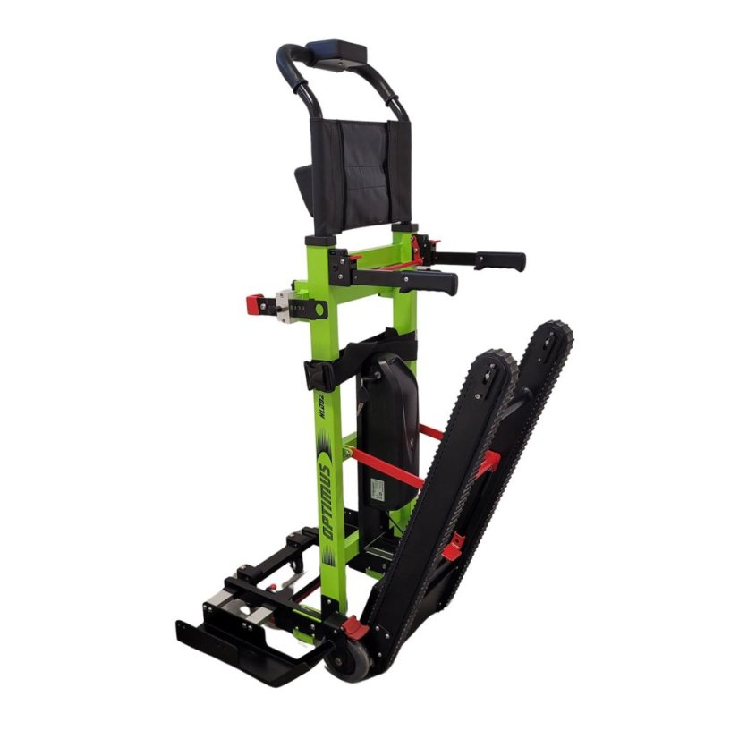 Schodolez OPTIMUS HLD02, zadní pohled, detail pásů pro bezpečný sestup a výstup, stabilní konstrukce pro snadný pohyb po schodech