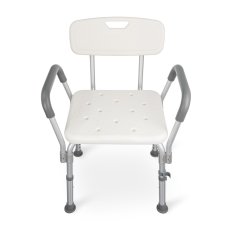 Přední pohled na Sprchovací židli s opěradlem, ergonomická madla, široké sedátko s drenážními otvory, stabilní konstrukce