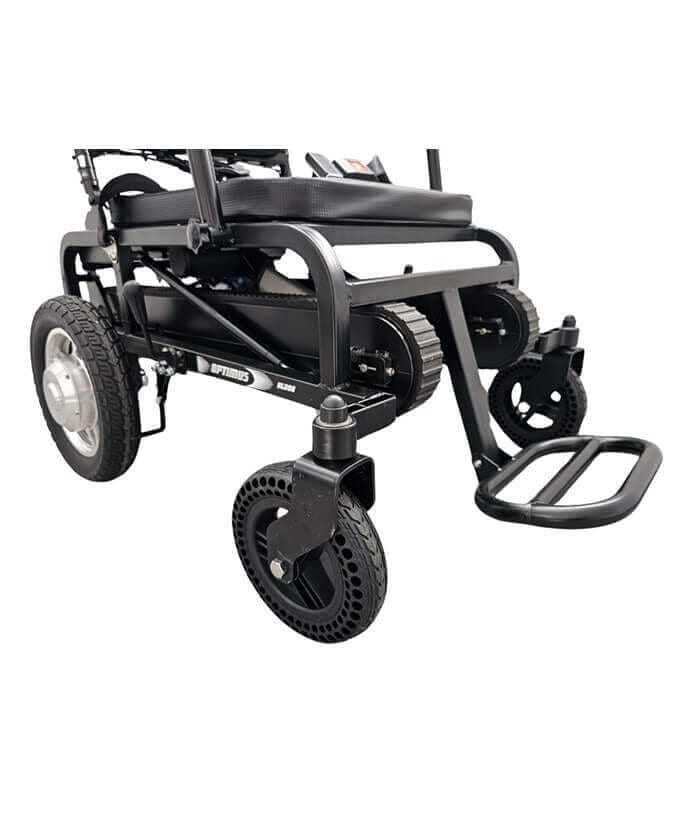 Detail předních a zadních kol s opěrkou na nohy Pásového Schodolezu a Elektrického Vozíku 2v1 Optimus HLD06, stabilita
