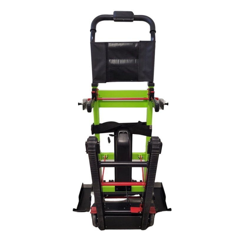 Schodolez OPTIMUS HLD02, zadní pohled, detail pásů pro bezpečný sestup a výstup, stabilní konstrukce pro snadný pohyb po schodech