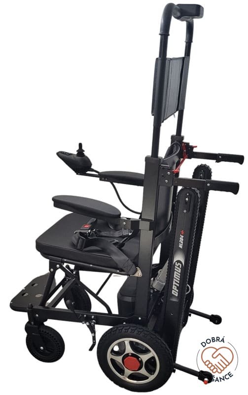 Pásový Schodolez a Elektrický Vozík 3v1 Optimus HLD04, boční pohled z druhé strany, joystick pro ovládání a bezpečné pásy