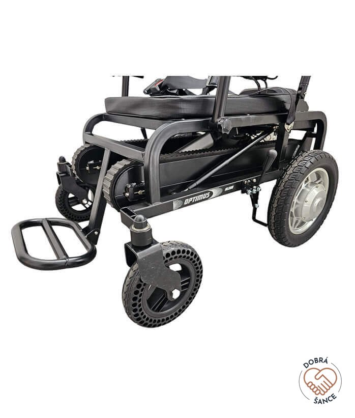 Detail koleček a opěrky na nohy z druhé strany Pásového Schodolezu a Elektrického Vozíku 2v1 Optimus HLD06, bezpečný transport