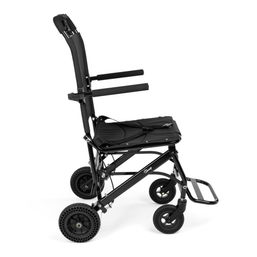 Boční pohled na Transportní invalidní vozík MOBIL-TIM PLUS, ergonomické sedátko, stabilní kola
