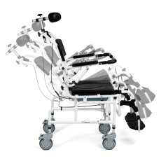 Polohovací toaletní a sprchové křeslo MASTER-TIM+, zobrazení všech poloh, nastavitelné opěradlo a úhel sedáku