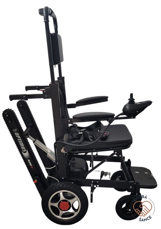 Pásový Schodolez a Elektrický Vozík 3v1 Optimus HLD04, boční pohled, pásy a joystick pro ovládání elektrického vozíku