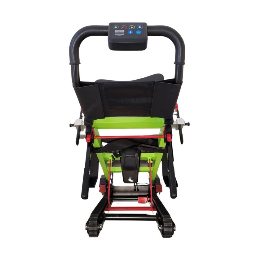 Pohled shora na Schodolez OPTIMUS HLD02, ovládací panel a pásový mechanismus pro bezpečný pohyb po schodech