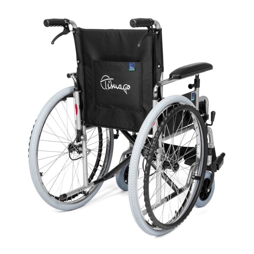 Invalidní vozík CLASSIC-TIM, zadní pohled, černé čalounění a pevná zádová opěrka s logem