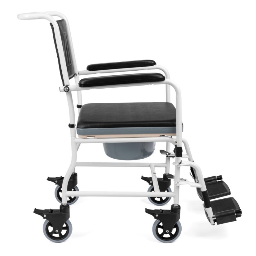 Boční pohled na Toaletní křeslo pojízdné TRANSPORT-TIM, ergonomický design, stabilní podnožky a sklopné područky