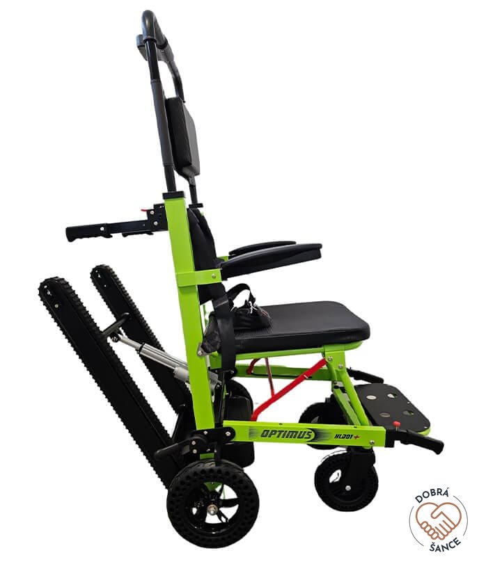 Boční pohled na schodolez OPTIMUS HLD01+, motor pro úpravu úhlu pásů, bezpečný transport po schodech