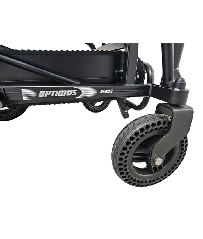 Detail předního kola Pásového Schodolezu Optimus HLD05, zabrzďovací mechanismus pro bezpečné použití na různých površích