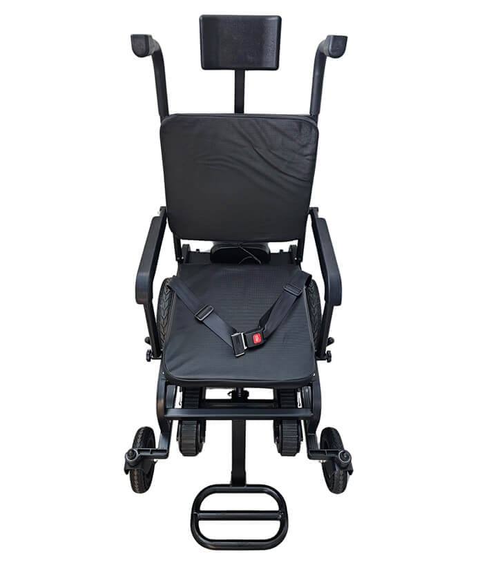 Pásový Schodolez Optimus HLD05, pohled shora zepředu, ergonomická rukojeť a přístup k ovládání, bezpečnostní prvky pro stabilní jízdu