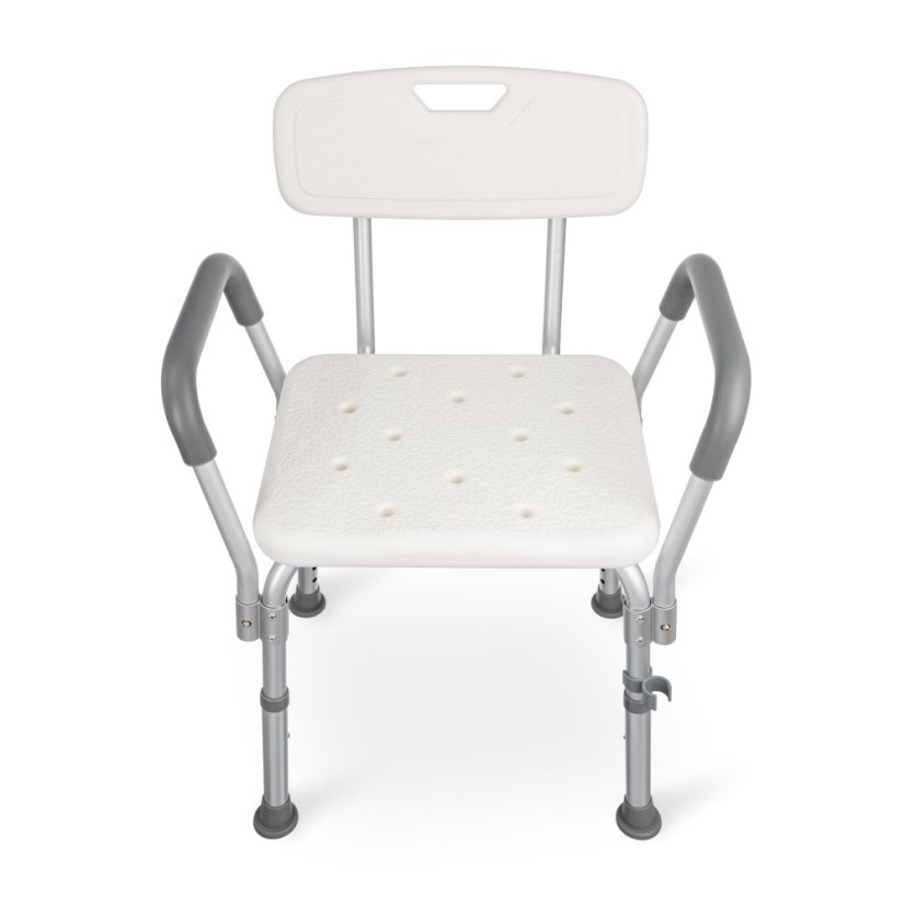 Přední pohled na Sprchovací židli s opěradlem, ergonomická madla, široké sedátko s drenážními otvory, stabilní konstrukce