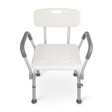 Přední pohled na Sprchovací židli s opěradlem, ergonomická madla, široké sedátko s drenážními otvory, stabilní konstrukce