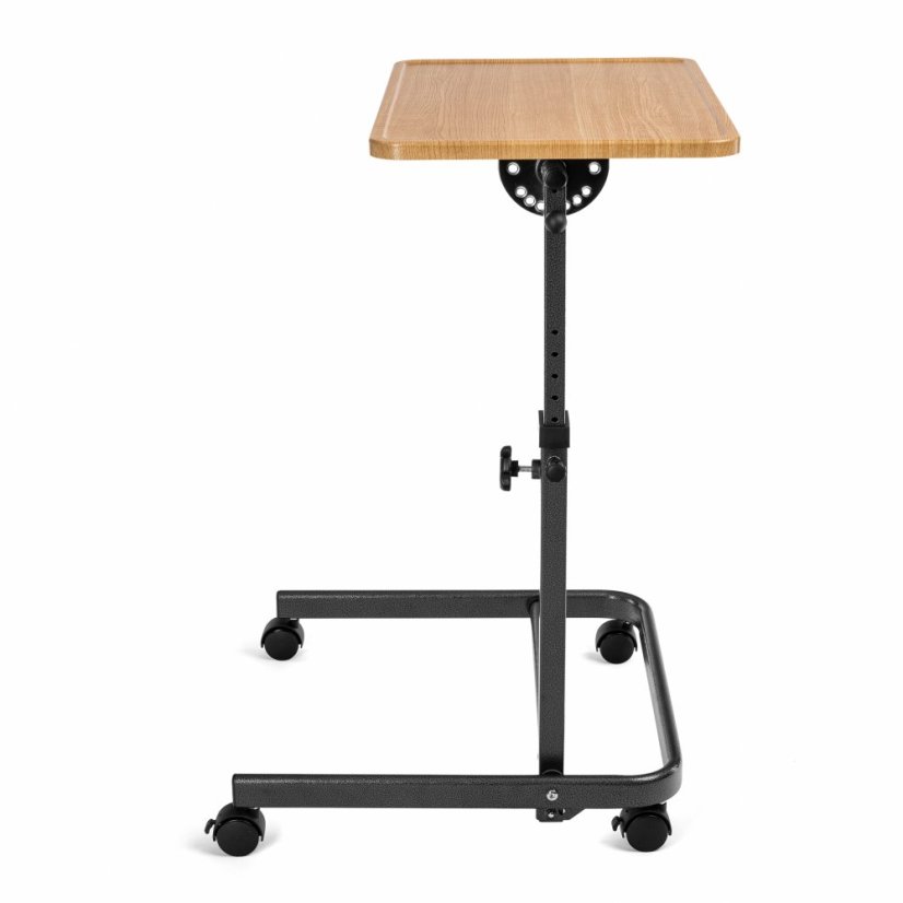 Multifunkční stolek k lůžku, dřevěná deska v nejvyšší poloze, kovový rám, výšková nastavitelnost