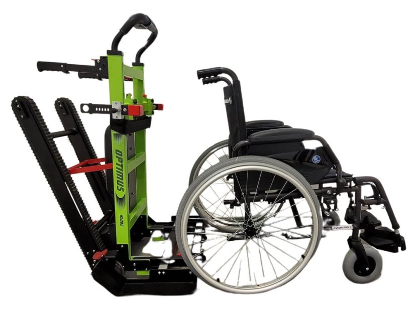 Schodolez OPTIMUS HLD02, boční pohled, invalidní vozík připraven k upevnění pomocí speciálního mechanismu