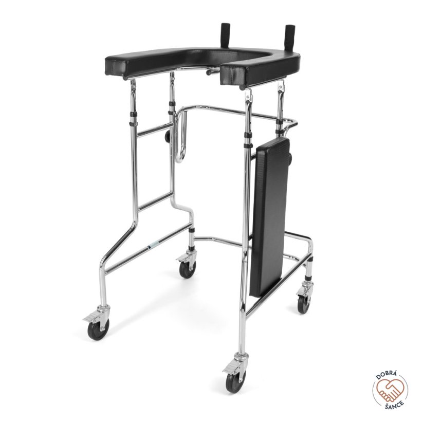 Vysoké chodítko ANNA, pohled zezadu, složené sedátko, bezpečná opěrná deska a ergonomické rukojeti