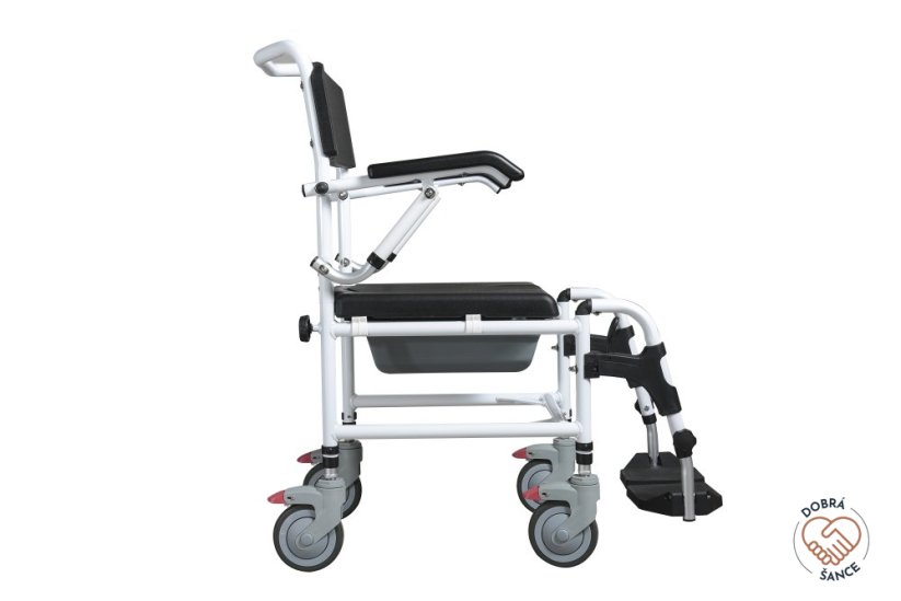 Boční pohled na Toaletní a sprchové křeslo MASTER-TIM, ergonomický design, pevná konstrukce pro bezpečný transport a hygienu