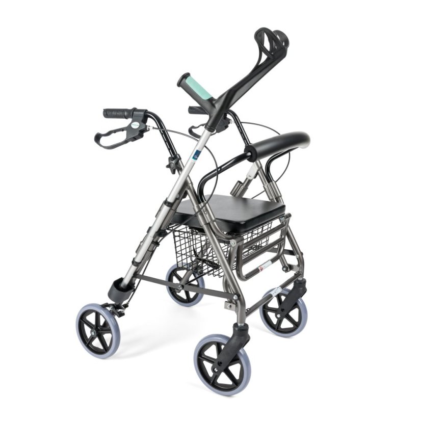Chodítko LUCY, boční pohled s berlí v držáku, lehký rám a ergonomické rukojeti