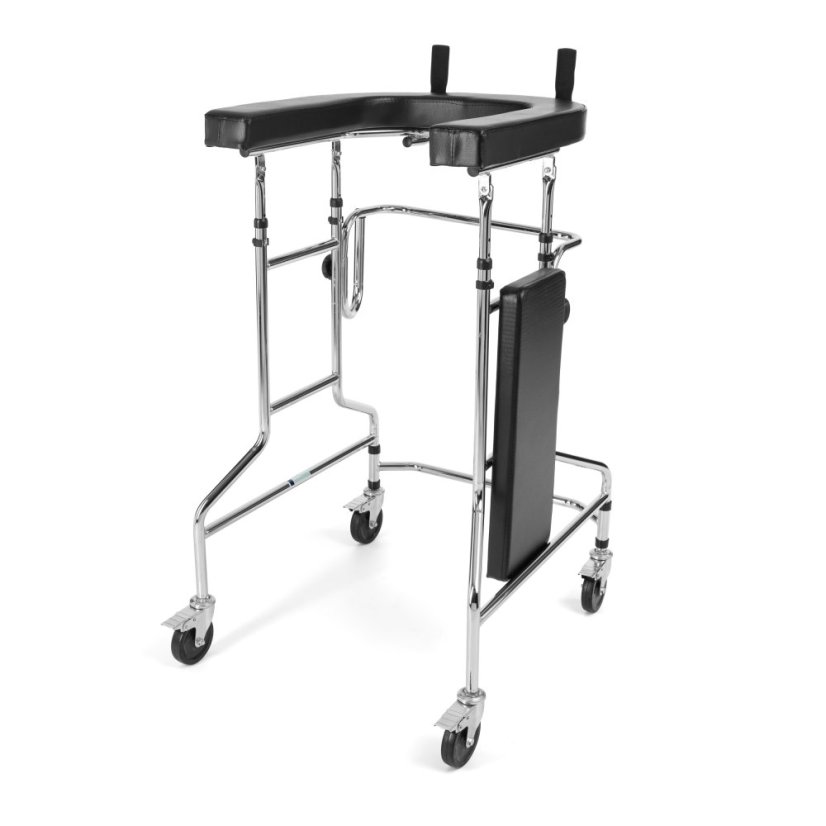 Vysoké chodítko ANNA, pohled zezadu, složené sedátko, bezpečná opěrná deska a ergonomické rukojeti