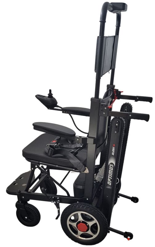 Pásový Schodolez a Elektrický Vozík 3v1 Optimus HLD04, boční pohled z druhé strany, joystick pro ovládání a bezpečné pásy