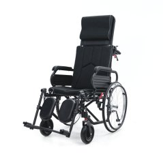 Polohovací invalidní vozík NEURO-TIM – čelní šikmý pohled s opěrkou hlavy a polohovacími podnožkami.