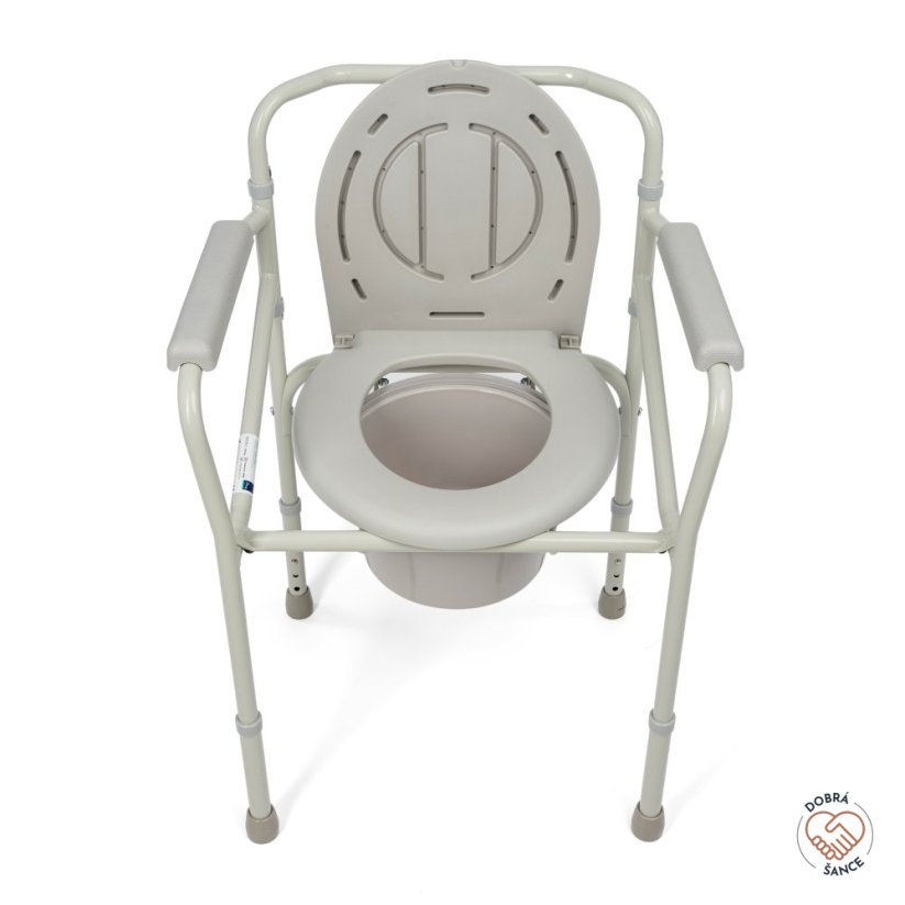 Skládací WC židle, pohled shora s otevřeným poklopem, ergonomické sedátko s toaletní nádobou, pro osoby s omezenou pohyblivostí